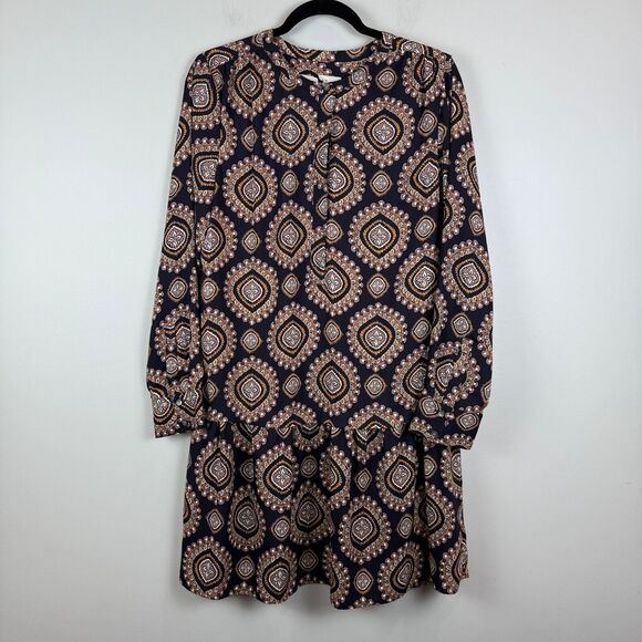 Ann Taylor Loft Shift Dress Women's Sz M Navy Gold Medallion Drop Hem Boho Artsy - Picture 1 of 8